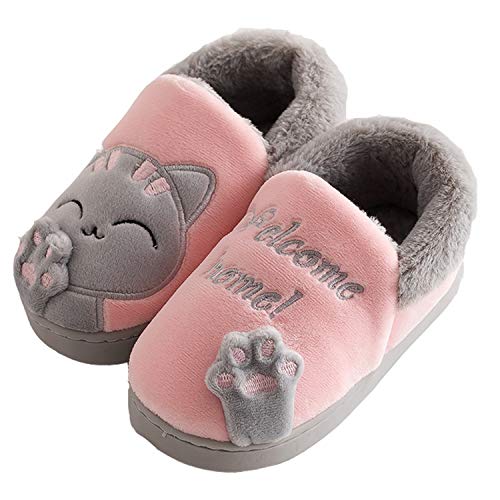 Zapatillas de Estar por Casa para Niño Niña Zapatos Pantuflas Invierno Mujer Hombre Interior Caliente Peluche Forradas Slippers, Gato Pink, 30/31 EU