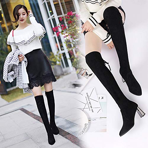 Zapatillas de Mujer Botas Altas con Cordones y Punta Redonda para Mujer Botas sobre Rodilla Tacones Altos Zapatos de tacón Alto con Lentejuelas de Botas largas Zapatos de Mujer BaZhaHei
