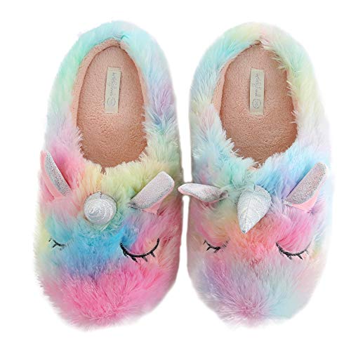 Zapatillas de unicornio de animales lindos | Zapatillas de unicornio arcoíris | Alce elfo de peluche para el hogar | Zapatillas de regalo para niñas (5-6 mujeres de EE. UU., unicornio rosa)