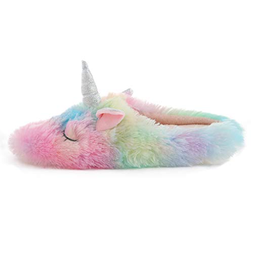 Zapatillas de unicornio de animales lindos | Zapatillas de unicornio arcoíris | Alce elfo de peluche para el hogar | Zapatillas de regalo para niñas (5-6 mujeres de EE. UU., unicornio rosa)