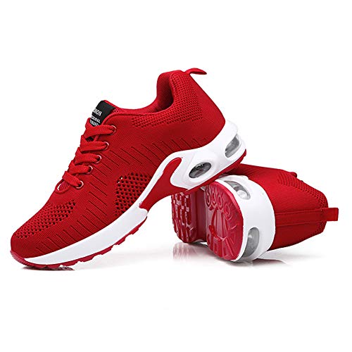 Zapatillas Deportivas de Mujer Air Cordones Zapatillas de Running Fitness Sneakers 4cm Rojo-1 36