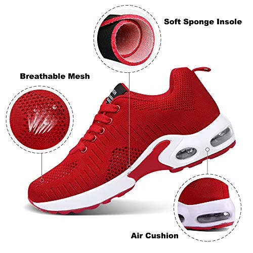 Zapatillas Deportivas de Mujer Air Cordones Zapatillas de Running Fitness Sneakers 4cm Rojo-1 36