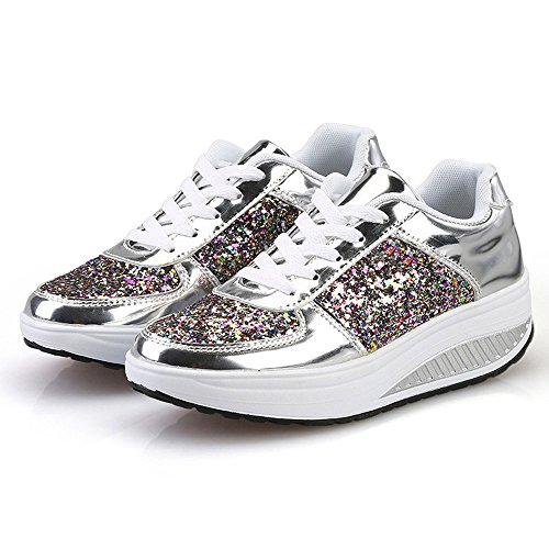 Zapatillas Deportivas de Mujer Gimnasio con Lentejuelas Cuña Zapatos para Caminar Aptitud Plataforma Sneakers con Cordones Calzado de Tacón 4.5cm riou