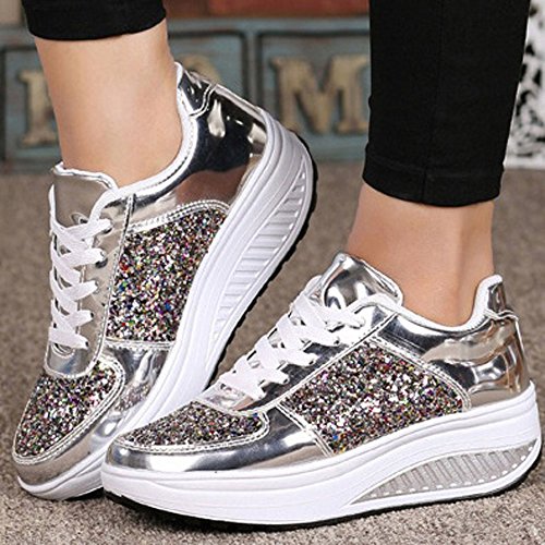 Zapatillas Deportivas de Mujer Gimnasio con Lentejuelas Cuña Zapatos para Caminar Aptitud Plataforma Sneakers con Cordones Calzado de Tacón 4.5cm riou