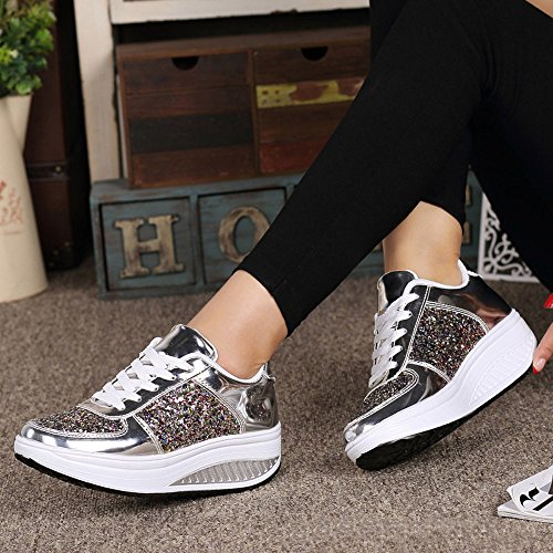 Zapatillas Deportivas de Mujer Gimnasio con Lentejuelas Cuña Zapatos para Caminar Aptitud Plataforma Sneakers con Cordones Calzado de Tacón 4.5cm riou