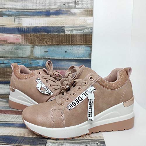 Zapatillas Deportivas Mujer con Estilo | Bambas Comodonas Cuña | Tenis Plataforma Casual | Plata | Champagne | Dorado | Negro | Rojo (Rosa, 40)