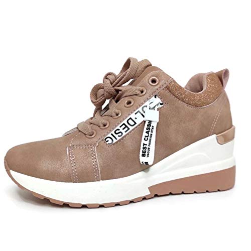 Zapatillas Deportivas Mujer con Estilo | Bambas Comodonas Cuña | Tenis Plataforma Casual | Plata | Champagne | Dorado | Negro | Rojo (Rosa, 40)