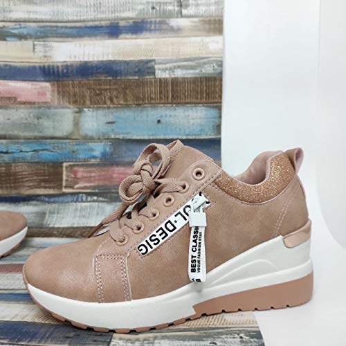 Zapatillas Deportivas Mujer con Estilo | Bambas Comodonas Cuña | Tenis Plataforma Casual | Plata | Champagne | Dorado | Negro | Rojo (Rosa, 40)