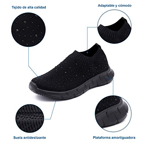 Zapatillas Deportivas para Mujer, Tipo Calcetín, Transpirables, con Brillantes (Negro, Numeric_40)