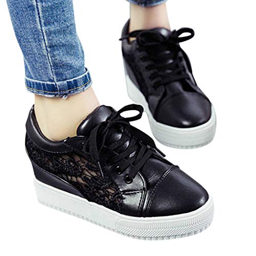 Zapatillas para Mujer Verano Deportivas Plataforma Cuña 2019 PAOLIAN Zapatos de Deporte con Tacón Zapatillas Interior Zapatos de Cordones Mujer Casual con Encaje Blanco 34-40EU