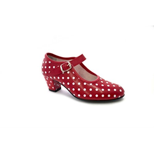 Zapato Baile sevillanas Flamenco Lunares Blancos para niña o Mujer Danka en Rojo T1551 Talla 29