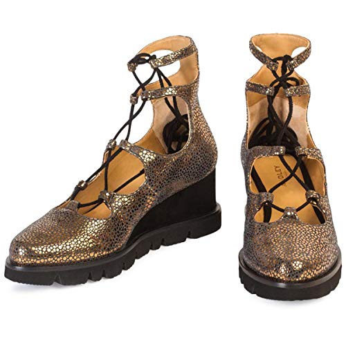 Zapato con Plataforma Flatform Alondra | Sandalias Abotinadas con Plataforma Mujer Piel Metalizada | Cordones Cruzados y Terminados en Punta | Suela Bloque Goma | Forro Piel Natural | Talla 38