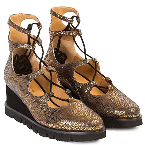 Zapato con Plataforma Flatform Alondra | Sandalias Abotinadas con Plataforma Mujer Piel Metalizada | Cordones Cruzados y Terminados en Punta | Suela Bloque Goma | Forro Piel Natural | Talla 38