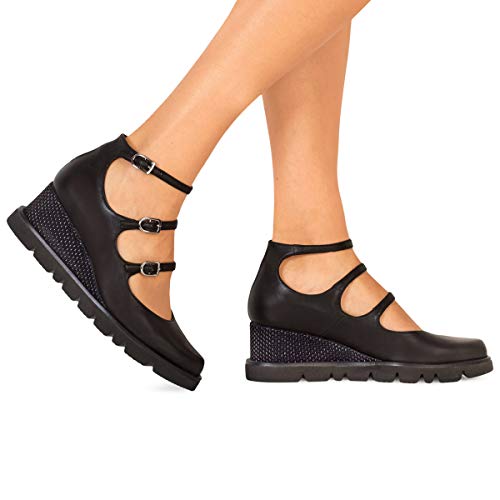 Zapato con Plataforma Flatform Argentina | Sandalias Abotinadas con Plataforma Mujer Piel Negra | Correas y Hebillas y Terminados en Punta | Suela Dentada Goma | Forro Piel Natural | Talla 39