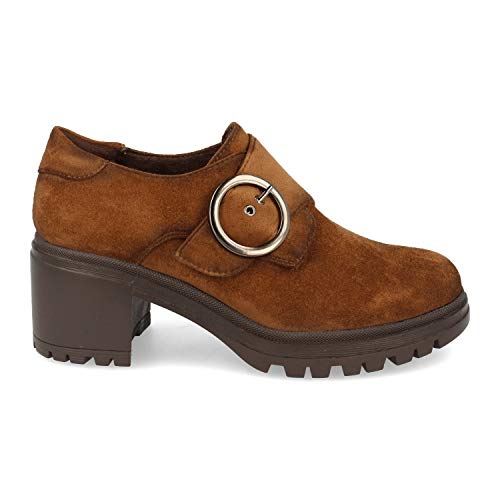 Zapato con Tacon para Mujer, Estilo Blucher, Suela Dentada, y Cierre de Hebilla Otono Invierno 2020. Talla 37 Kaki