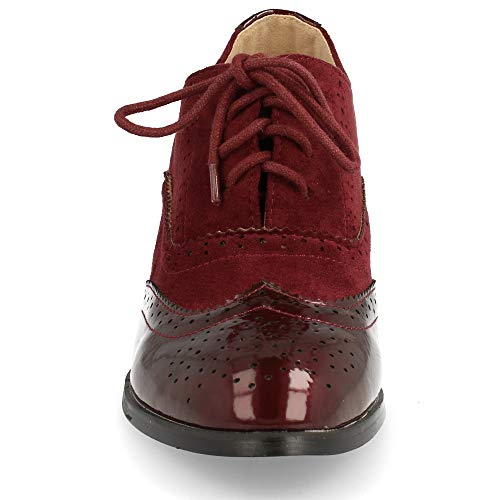 Zapato de Tacon Cuadrado con Cordones Redondos y Patron Calado Tipo Oxford. Altura del Tacon: 6 cm. Talla 40 Burdeos