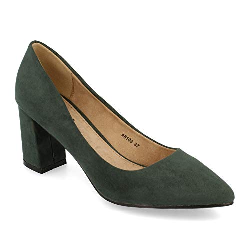 Zapato de Tacon para Mujer, Ancho y de Punta Fina, Estilo Salon, Otono Invierno 2020. Talla 36 Verde