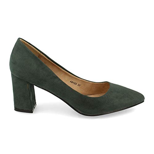 Zapato de Tacon para Mujer, Ancho y de Punta Fina, Estilo Salon, Otono Invierno 2020. Talla 36 Verde
