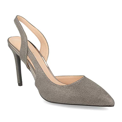 Zapato de Vestir para Mujer Tipo Slingback con Tacon de Aguja, Punta de Fina, Talon Abierto y Cierre de Ajuste. Primavera Verano 2020. Talla 37 Plomo