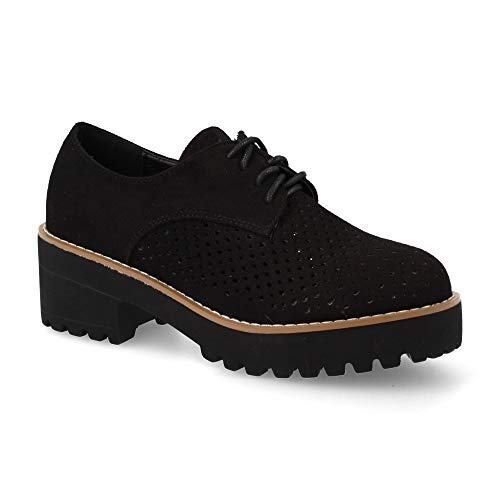Zapato Mujer Perforado Estilo Oxford con Tacon Plataforma Estilo Biker Primavera Verano 2019. Talla 37 Negro