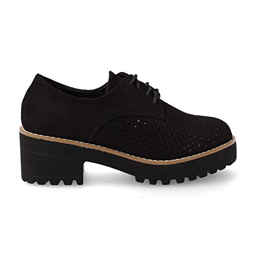 Zapato Mujer Perforado Estilo Oxford con Tacon Plataforma Estilo Biker Primavera Verano 2019. Talla 37 Negro
