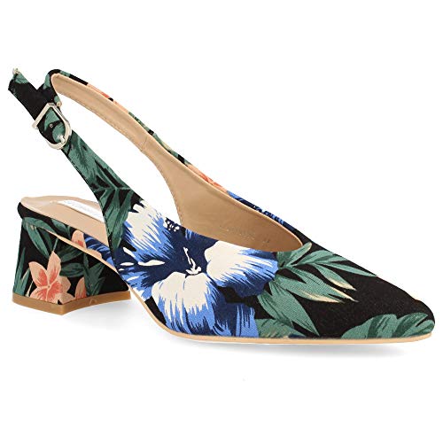 Zapato Salon de Mujer Destalonado Punta Fina con Tejido Estampado Primavera Verano 2019. Talla 38 Negro