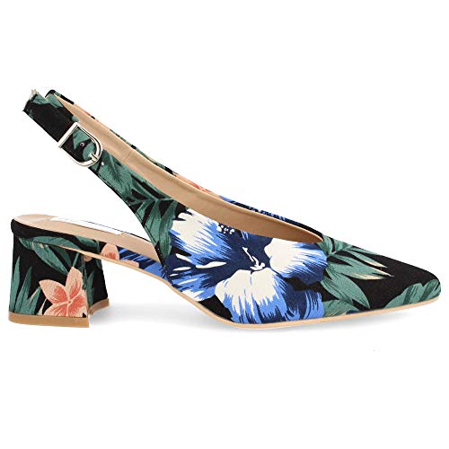 Zapato Salon de Mujer Destalonado Punta Fina con Tejido Estampado Primavera Verano 2019. Talla 38 Negro