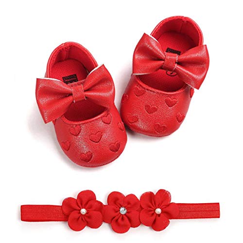 Zapatos Bebé Niña+Diademas SHOBDW Regalo Flores Suela Suave Antideslizante Zapatillas Lindo Dulce Bowknot Zapatos De Princesa Zapatos Bebe Primeros Pasos 2019 Zapatos Bebé Recién Nacida(Rojo,6~12)
