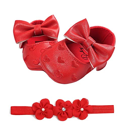Zapatos Bebé Niña+Diademas SHOBDW Regalo Flores Suela Suave Antideslizante Zapatillas Lindo Dulce Bowknot Zapatos De Princesa Zapatos Bebe Primeros Pasos 2019 Zapatos Bebé Recién Nacida(Rojo,6~12)