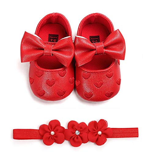 Zapatos Bebé Niña+Diademas SHOBDW Regalo Flores Suela Suave Antideslizante Zapatillas Lindo Dulce Bowknot Zapatos De Princesa Zapatos Bebe Primeros Pasos 2019 Zapatos Bebé Recién Nacida(Rojo,6~12)