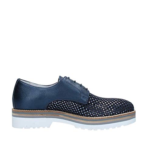 Zapatos con Cordones Nero Giardini para Mujer en Cuero Perforado Azul y Ante con pequeñas Lentejuelas Plateadas. Suela de Goma Blanca Antideslizante. N. 36
