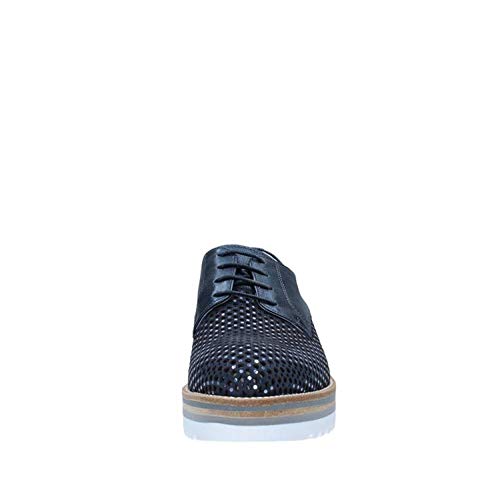 Zapatos con Cordones Nero Giardini para Mujer en Cuero Perforado Azul y Ante con pequeñas Lentejuelas Plateadas. Suela de Goma Blanca Antideslizante. N. 36