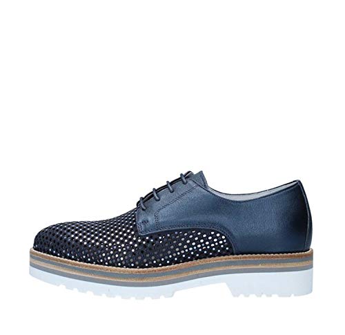 Zapatos con Cordones Nero Giardini para Mujer en Cuero Perforado Azul y Ante con pequeñas Lentejuelas Plateadas. Suela de Goma Blanca Antideslizante. N. 36