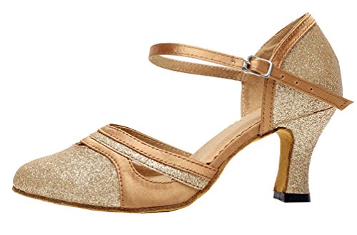 Zapatos de baile de tacón bajo para mujer, zapatos de práctica de danza latina cerrada Toe, color Dorado, talla 33.5 EU