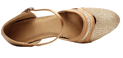 Zapatos de baile de tacón bajo para mujer, zapatos de práctica de danza latina cerrada Toe, color Dorado, talla 33.5 EU