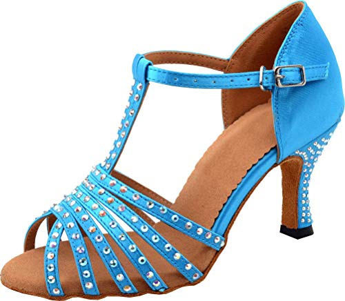 Zapatos de Baile Latino para Mujer con Barra en T para Principiantes, Color Azul, Talla 42 EU