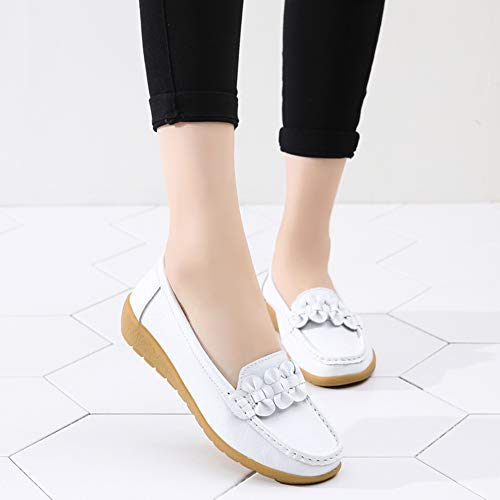 Zapatos de Cuero Cuña para Mujer Mocassins Planos Loafers Antideslizante Otoño Invierno Casual Derby,Blanco,EU 37.5 =CN 38