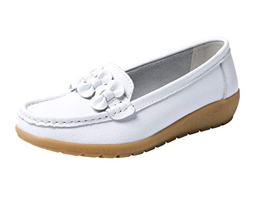 Zapatos de Cuero Cuña para Mujer Mocassins Planos Loafers Antideslizante Otoño Invierno Casual Derby,Blanco,EU 37.5 =CN 38