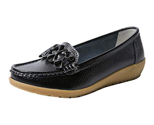 Zapatos de Cuero Cuña para Mujer Mocassins Planos Loafers Antideslizante Otoño Invierno Casual Derby,Negro,EU37