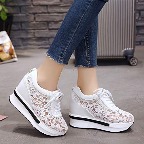 Zapatos de cuña para Mujer Zapatos de Suela Gruesa Deportivos Antideslizantes Superiores de Encaje Zapatillas de Deporte concisas Zapatos Casuales de Aumento de Altura para Mujer