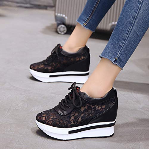 Zapatos de cuña para Mujer Zapatos de Suela Gruesa Deportivos Antideslizantes Superiores de Encaje Zapatillas de Deporte concisas Zapatos Casuales de Aumento de Altura para Mujer