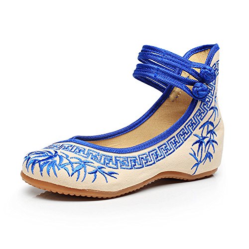 Zapatos de Mujer de Bordado de bambú Zapatos Planos Chinos Zapatos de Suela Suave Mary Janes (Azul，37 EU)