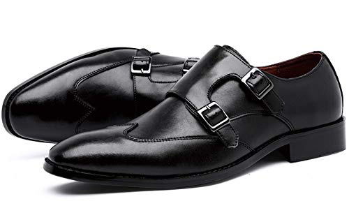 Zapatos de Piel para Hombre Clásico Doble Hebilla Monkstrap Mocasines Sin Cordones Derby Negro 42 EU
