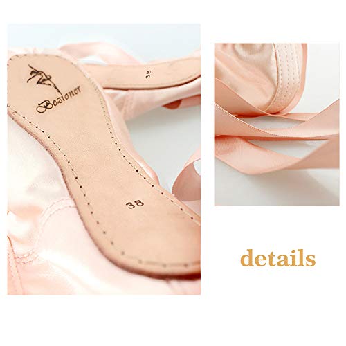 Zapatos de Punta Satén Zapatillas de Ballet con Puntera de Gel de Silicona y Cintas para Mujeres y Niñas 38