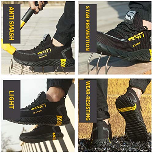 Zapatos de Seguridad Hombre Punta de Acero Anti-aplastante Aislamiento Zapatillas de Trabajo Mujer AntiEstático Liviano Transpirable Negro Amarillo 43
