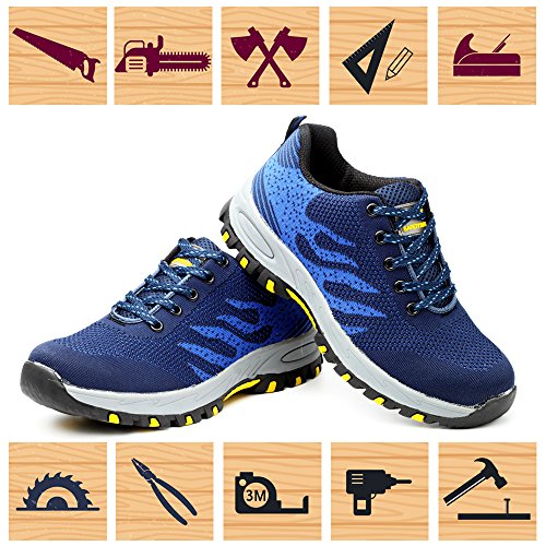 Zapatos de seguridad, ligeros, Kevlar, para hombres y mujeres, zapatos de trabajo, puntera de acero, transpirables, zapatillas de protección, color Azul, talla 39 1/3 EU