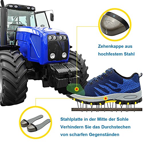 Zapatos de seguridad, ligeros, Kevlar, para hombres y mujeres, zapatos de trabajo, puntera de acero, transpirables, zapatillas de protección, color Azul, talla 39 1/3 EU