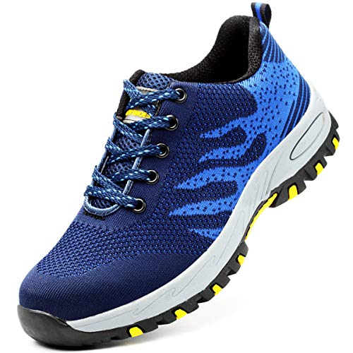 Zapatos de seguridad, ligeros, Kevlar, para hombres y mujeres, zapatos de trabajo, puntera de acero, transpirables, zapatillas de protección, color Azul, talla 39 1/3 EU