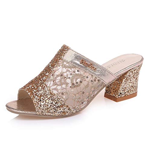 Zapatos De Tacón Cuadrado para Mujer Zapatillas De Verano Med Talón Peep-Toe Slingback Bling Calzado Fiesta Ocio Vacaciones Femme Sandalias Sin Cordones