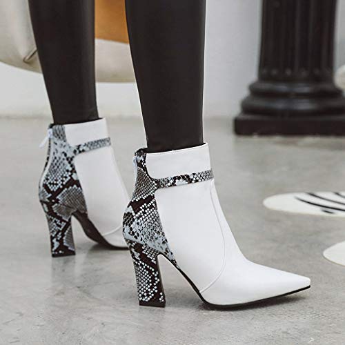 Zapatos de tacón Grueso con Punta Puntiaguda de Cuero para Mujer Botines con Costura de Serpiente con Cremallera Camperas Verano Cortas clásicas en Negro Marca Moteras Ancha